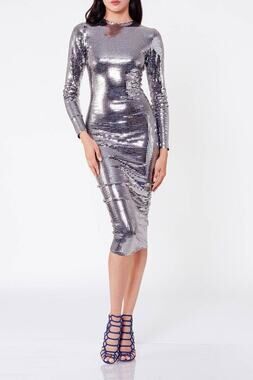 HAMEL Disco Metallic Silver Stretch Midi Dress Back Zip Mockneck M